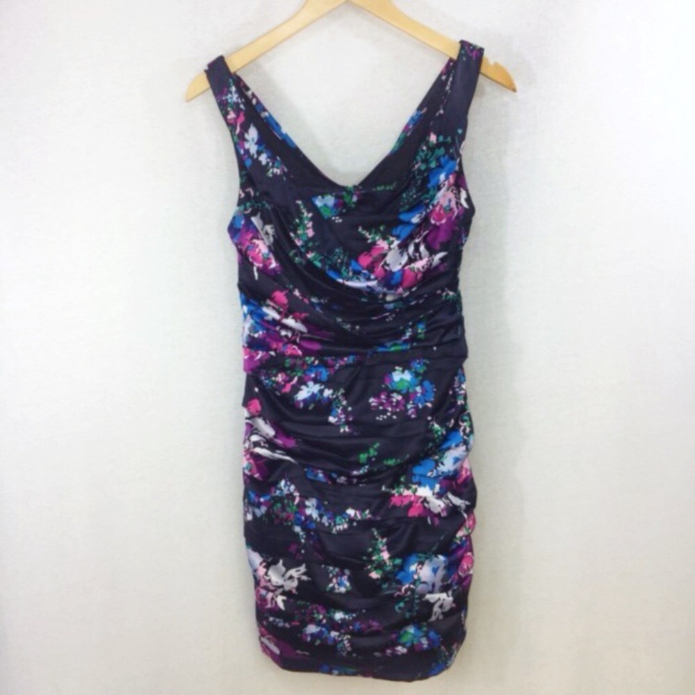 Express satin floral navy ruched sheath dress